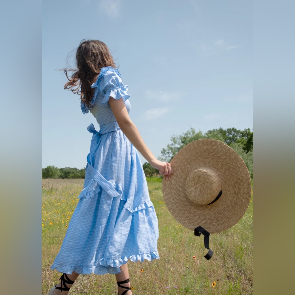Blue Gingham Midi Dress With Ruffle Trim — image 5 of 6